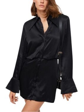 Mango Black Satin Mini Shirt Dress - Wide Collar & Bell Sleeves